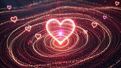 Glowing heart surrounded by concentric circles and small hearts