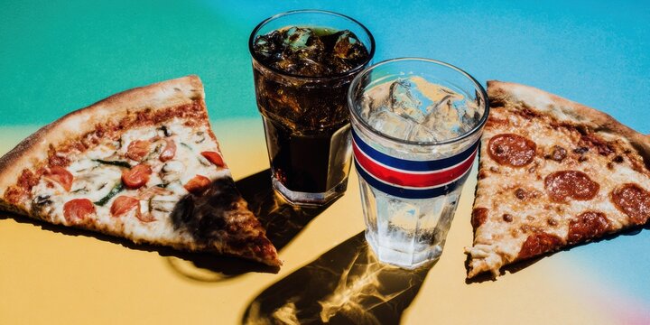 Delicious pizza slices and cold drinks on a vibrant yellow and blue gradient background, perfect for a cheerful menu, flier, or party invitation design with ample copy space - Powered by Adobe