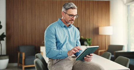 Scroll, tablet and mature business man in office for finance review, investment and trading...