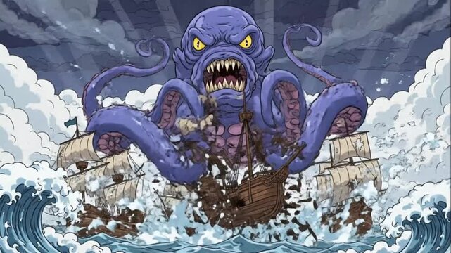 Kraken Attacks Sailing Ships Epic Sea Monster Battle Cartoon Style