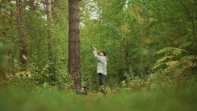 traveler in dense forest operating drone and camera near tall pines, launching remote aircraft, steady gimbal movement, cinematic framing, modern travel content creation, focused exploration