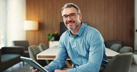 Portrait, employee and man with tablet, office and happy for career growth or design project on...