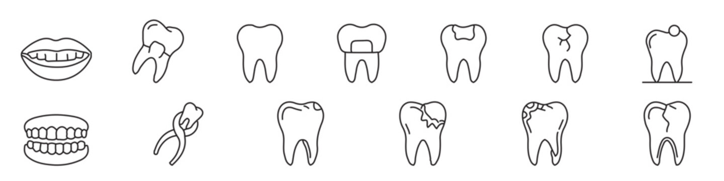 Damaged and diseased teeth icon set &ndash; Editable icons of dental caries, broken tooth, extraction and dentures