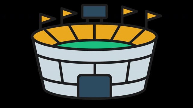 Animated vector icon of a football stadium with waving flags in a seamless loop. Flat modern illustration representing soccer arenas, match day atmosphere, tournaments, and live sports events