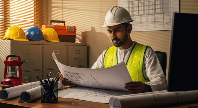 Focused Engineer Reviews Architectural Blueprints in Construction Office - Powered by Adobe