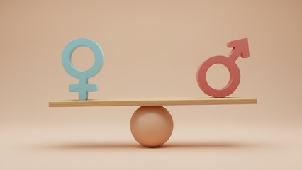 Gender equality male and female symbols precisely balanced on a simple seesaw