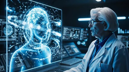 Elderly scientist examines glowing blue hologram of a woman in a dark control room with multiple monitors displaying data and medical imagery - Powered by Adobe