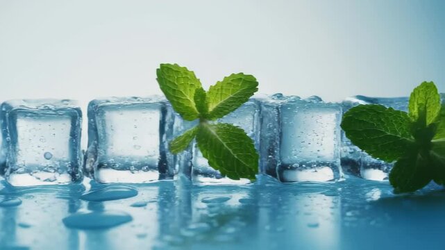 Row of Clear Ice Cubes with Mint Leaves on Light Blue Surface