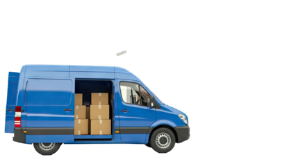 Blue delivery van loaded with boxes, doors open