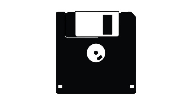 A stark black and white depiction of a vintage floppy disk a digital storage silhouette