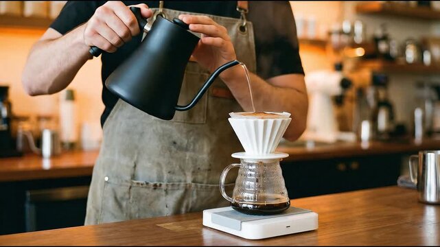 v60 pour over coffee by barista, Pouring hot water from gooseneck kettle to v60 dripper. Manual coffee brewing process in cafe