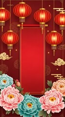 Elegant vertical design with hanging red lanterns, gold ornaments, and large blooming peony flowers on a deep red background.