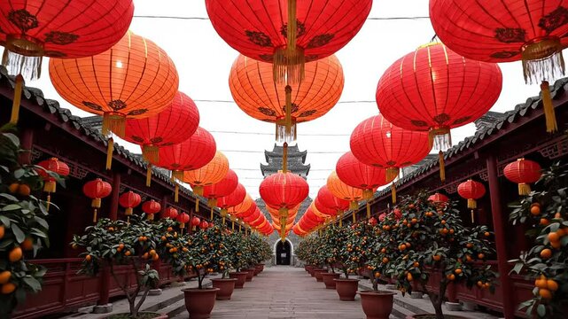 Traditional walkway decorated with vibrant red lanterns and potted citrus trees, ideal background footage for asian holiday promotions and seasonal greetings.