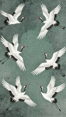 Obraz premium Elegant Japanese style wallpaper pattern featuring graceful white cranes soaring across a deep teal green textured background for a sophisticated interior design.