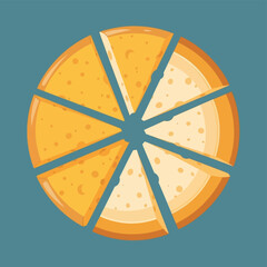 Flat design vector illustration of a round cheese wheel cut into eight wedge slices against a teal background, top-down view
