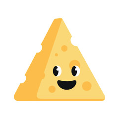 Friendly smiling cheese wedge character with holes, flat vector illustration with solid colors, fun and playful design for food and dairy themes
