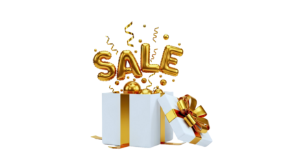 Golden 'SALE' Balloons Emerging from Gift Box