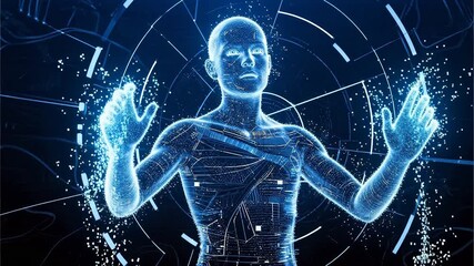 Futuristic humanoid figure interacting with digital interface - Powered by Adobe