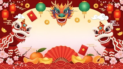 Horizontal banner featuring lion dance characters, a central dragon head, red fans, oranges, and gold ingots for prosperity.