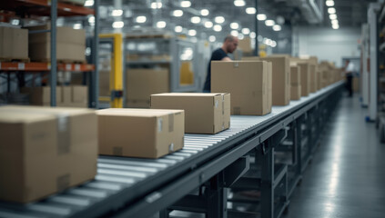 Packed cardboard box on conveyor belt in busy warehouse with focused worker