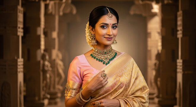 Beautiful Indian Woman in Golden Saree and Traditional Jewelry