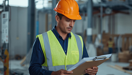 Construction site supervisor safety vest and hard hat reviewing clipboard paperwork with focused