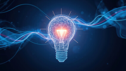 Glowing wireframe light bulb with flowing energy waves conveying innovation and inspiration