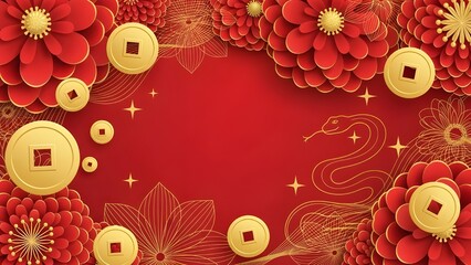 A rich, decorative design featuring a golden dragon silhouette, large red peony flowers, and gold coins for wealth and luck.