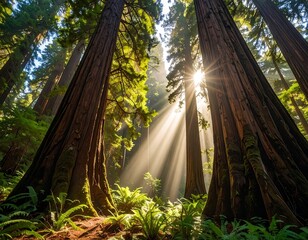 Sunlight streams through towering trees in a lush forest