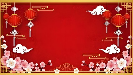 A classic red background framed with gold patterns, featuring red lanterns, stylized clouds, and pink cherry blossoms.