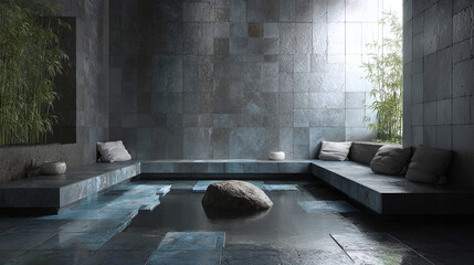 A tranquil spa-like interior with a serene ambiance, featuring a minimalist design and natural elements