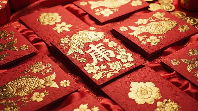 Traditional red envelopes decorated with gold foil for lunar new year celebrations, ideal background for seasonal promotions and cultural themes.