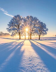 Sunny winter landscape, frost-covered trees casting shadows on a snowy field