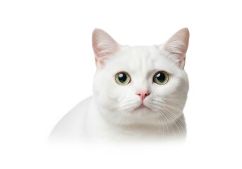 Fototapeta premium Close up portrait of a beautiful white cat with big blue eyes white background