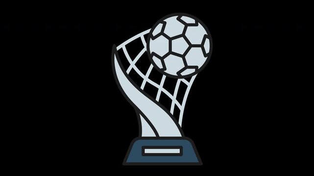Animated vector icon of a football trophy with a floating soccer ball in a seamless loop. Flat modern illustration representing victory, premium awards, and elite football competitions for UI, apps
