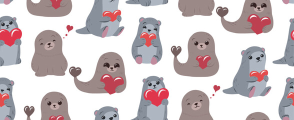 Vector seamless pattern with seal and otter with hearts. A festive texture of cute naive hand drawn animal for wallpaper and fabric. Pet for Valentine s Day