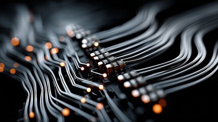 Glowing orange lights illuminate a complex network of circuits and electronic components, crafting a futuristic landscape representing innovation and the digital age