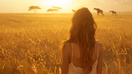 Woman Admiring Wild Giraffes in a Sun-Drenched African Grassland at Dusk
