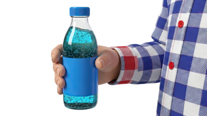 Hand Holding Blue Soda Bottle with Bubbles