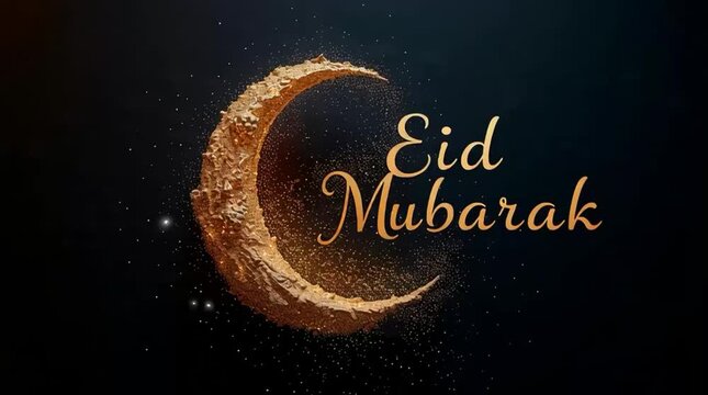 Sparkling golden crescent moon with elegant Eid Mubarak greeting, symbolizing peace and blessings for Islamic celebrations and festivities