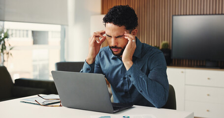 Laptop, headache or man in agency for finance, brain fog or audit mistake on budget report. Burnout, technology or analyst in office with migraine massage, fatigue or bookkeeping error in cost review