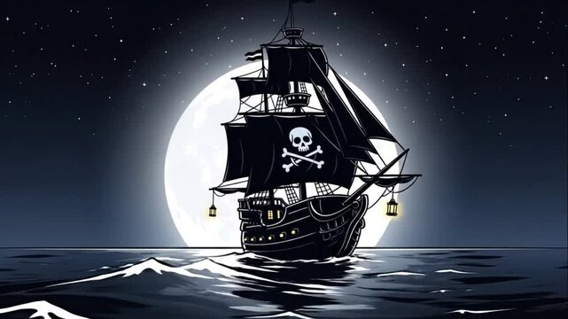 Pirate Ship on Ocean at Night Full Moon Illustration Vector Graphic Art