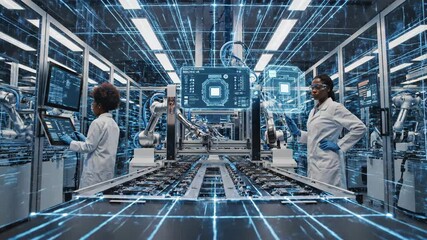 Scientist Monitors Advanced Robotic Assembly Line With Blue Digital Data Overlays - Powered by Adobe