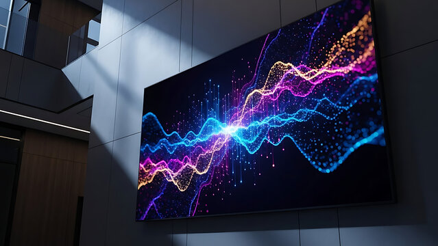 Large screen displays vibrant colorful waveform graphic in modern room with sleek lighting - Ai Generated - Powered by Adobe