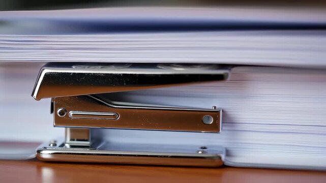 Stapler Securing Stack of Papers on Desk - Office Organization.