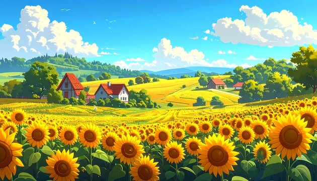 Sunny landscape vast sunflower field, houses, hills under a bright blue sky - Powered by Adobe