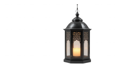 Elegant black metal Moroccan style hanging lantern featuring a softly glowing LED candle casting warm inviting light on transparent background