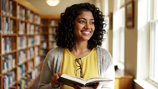 Young woman smiling while holding a book in a cozy library setting with shelves full of books in the background and warm lighting creating an inviting atmosphere.
