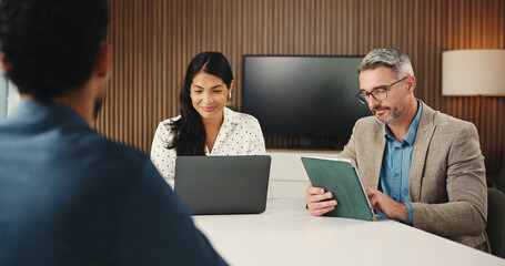 Laptop, tablet and business people in office for meeting on finance report with budget plan....