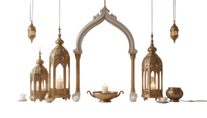 Arrangement of elaborate traditional arabic gold lanterns and illuminated candles surrounding a decorative architectural arch structure on transparent background